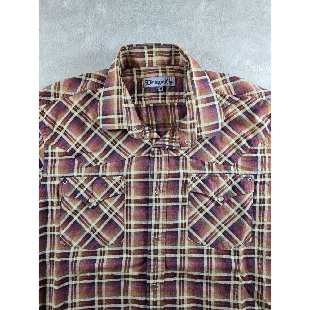 Dragonfly Shirt Men 2XL Fit XL Plaid Light Flannel Western Long Sleeve Snap Read